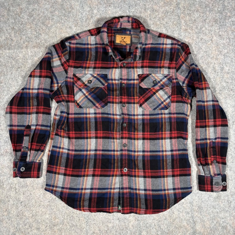 Outdoor Life Flannel Shirt Mens L Red Blue Plaid Cotton Button Up Heavyweight